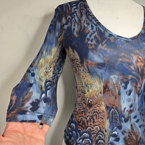 Vintage 90s Y2K Navy Feather Peacock Painting Micro Mesh Sheer Top USA - Picture 2 of 7